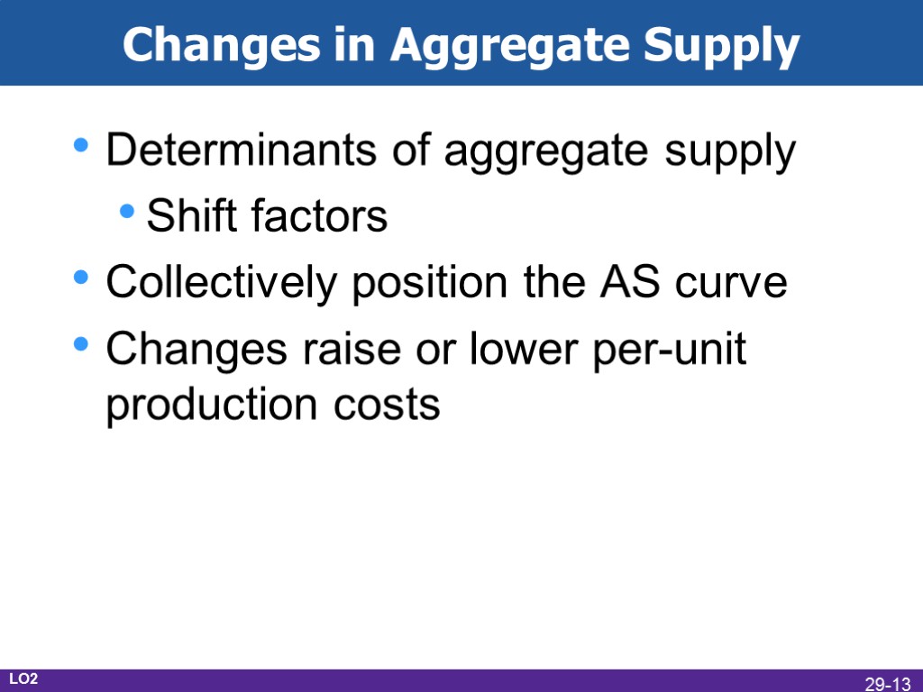 Changes in Aggregate Supply Determinants of aggregate supply Shift factors Collectively position the AS